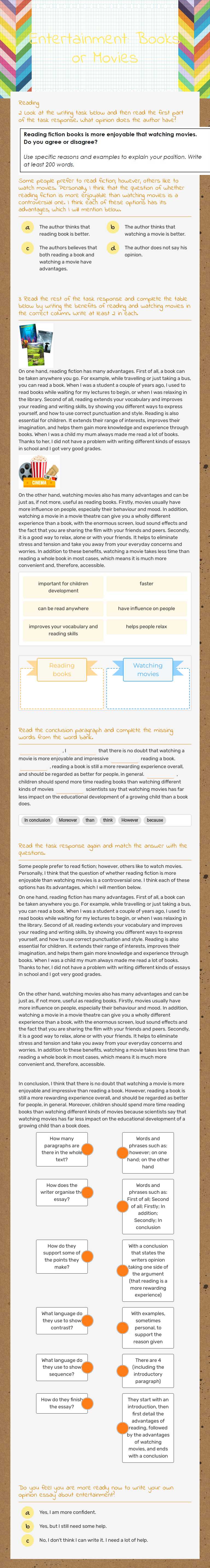 Entertainment: Books or Movies Grade 12 worksheet preview