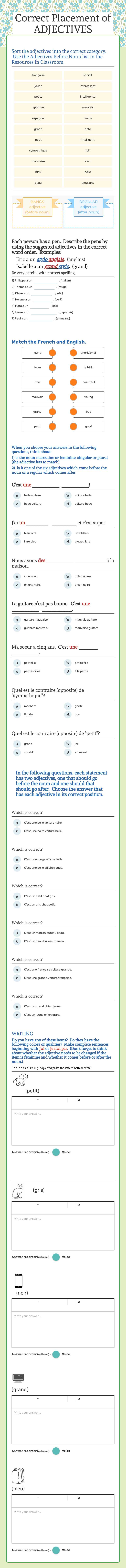 Correct Placement of ADJECTIVES worksheet preview image