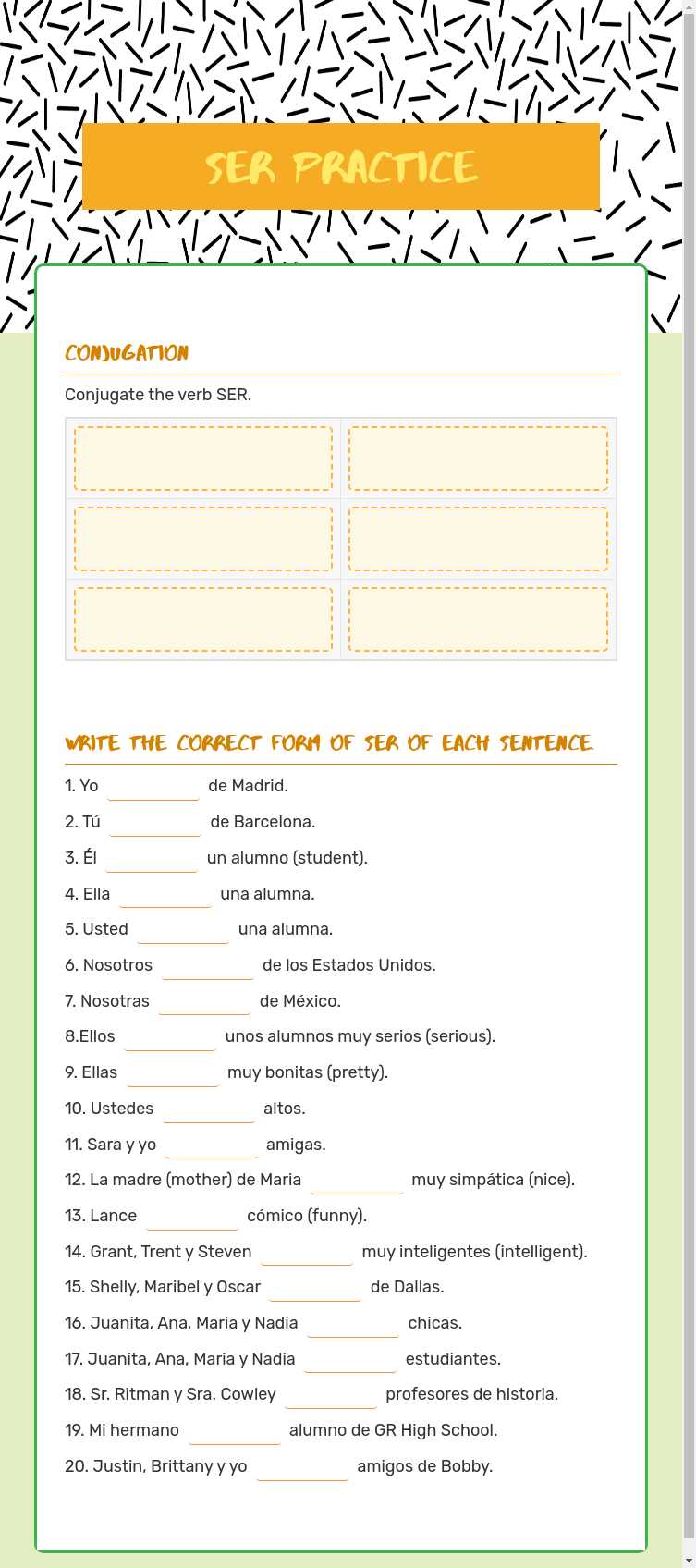 Ser practice Grade 6 worksheet preview