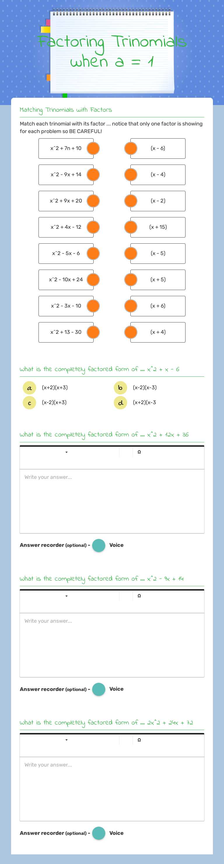 Factoring Trinomials when a = 1 worksheet preview image