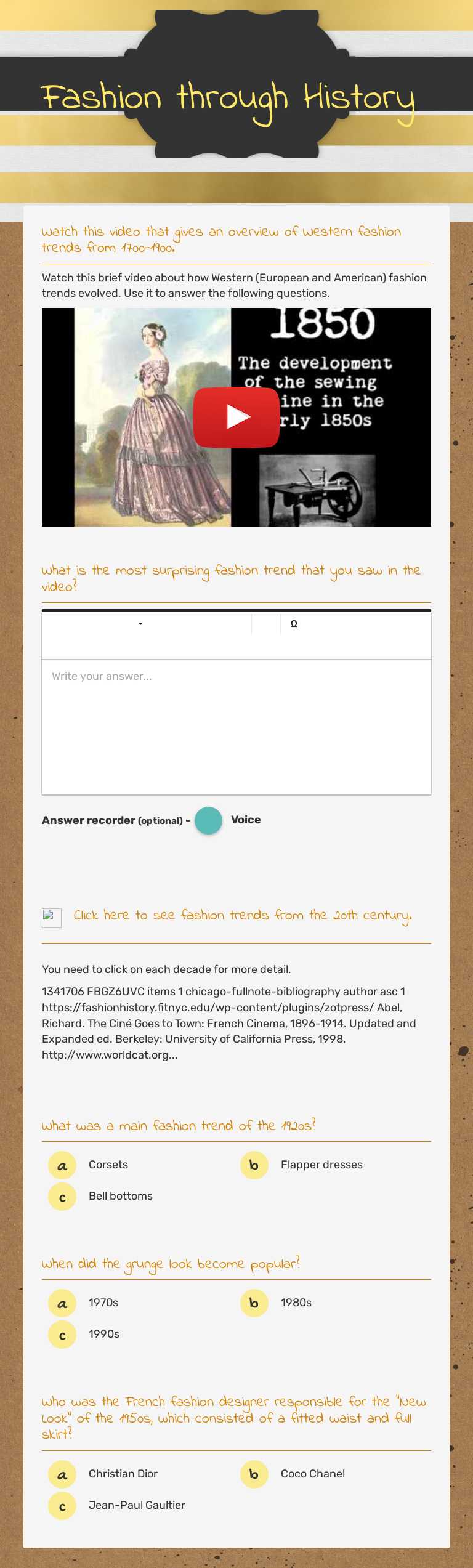 Fashion through History worksheet preview image