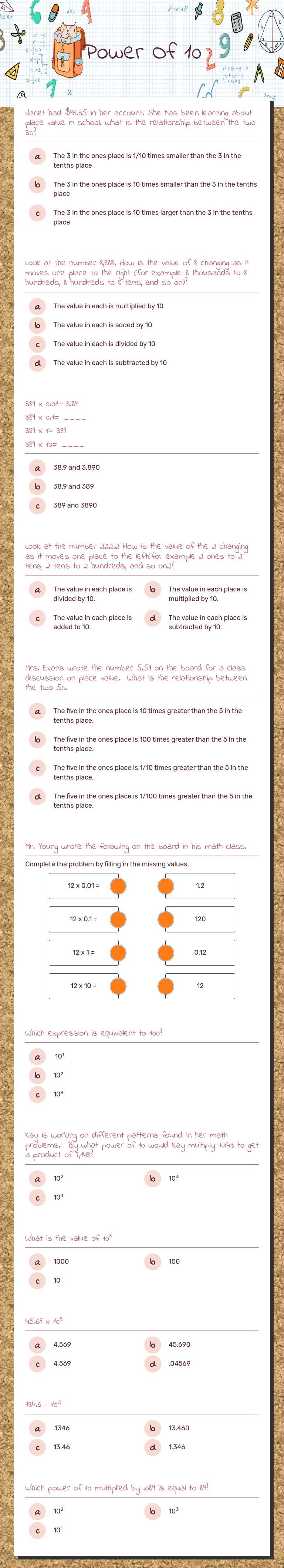 Power Of 10 worksheet preview image