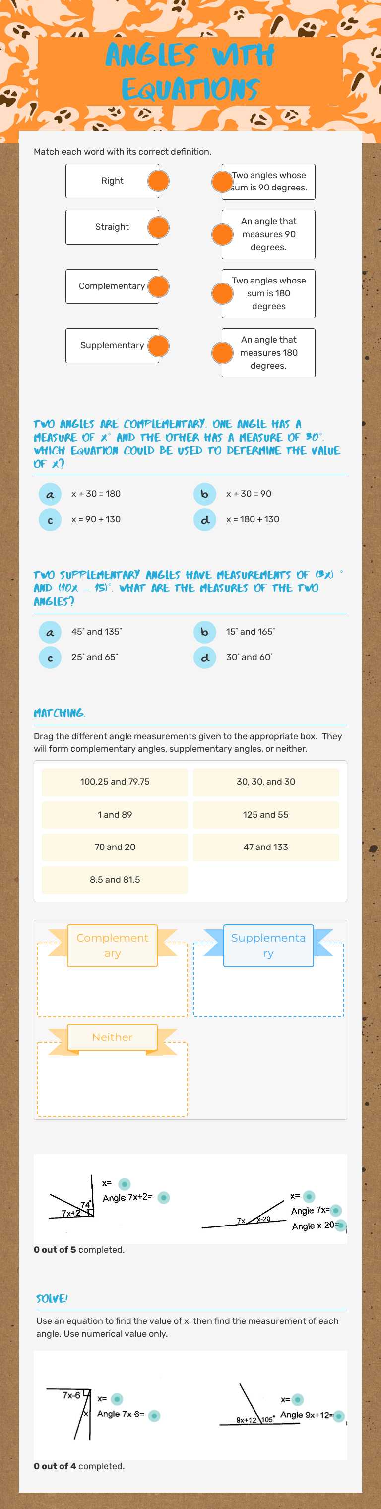 Angles with Equations worksheet preview image