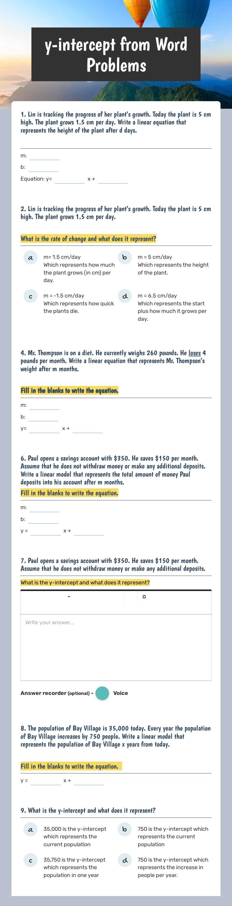 y-intercept from Word Problems worksheet preview image