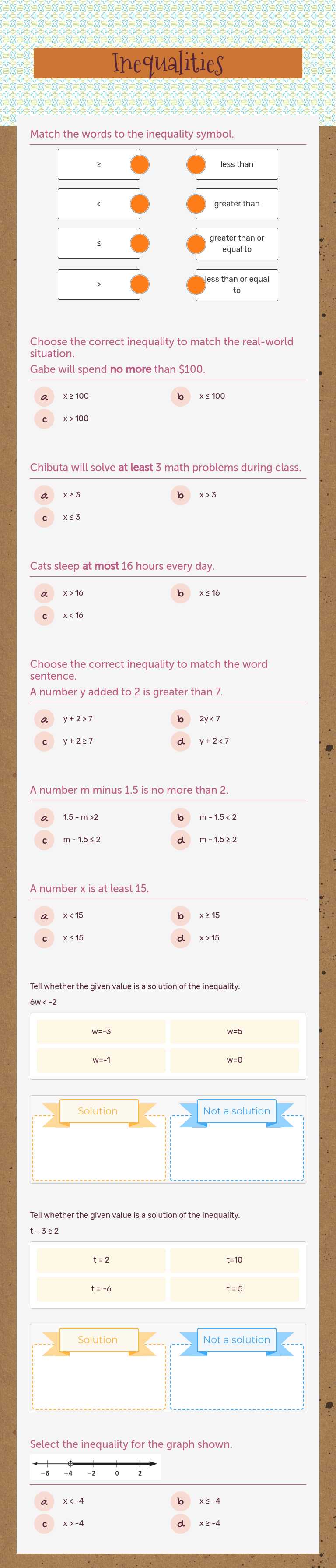 Inequalities worksheet preview image