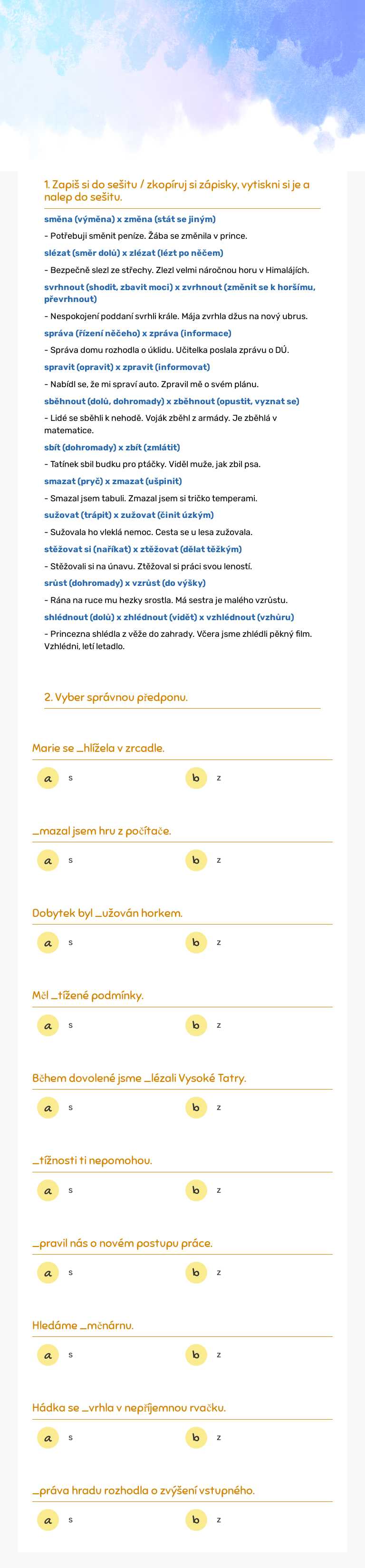 Významové rozdíly mezi slovy s rozdílnou předponou worksheet preview image