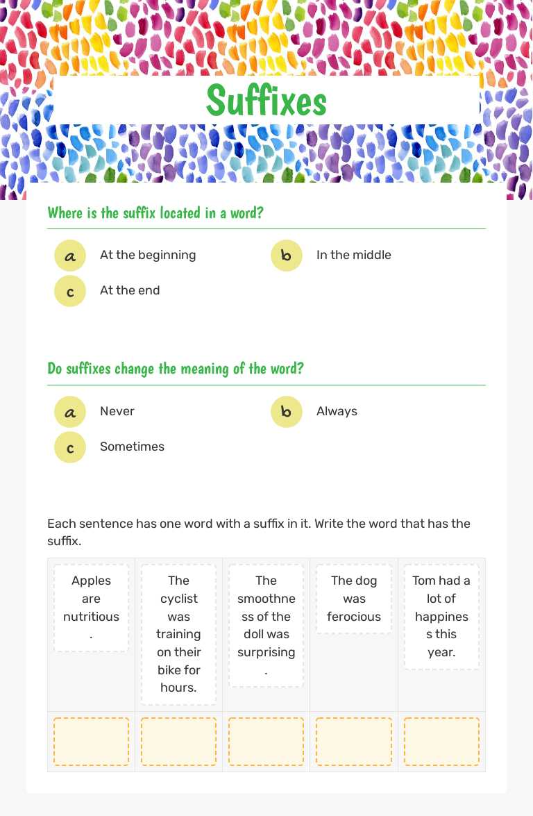 Suffixes worksheet preview image