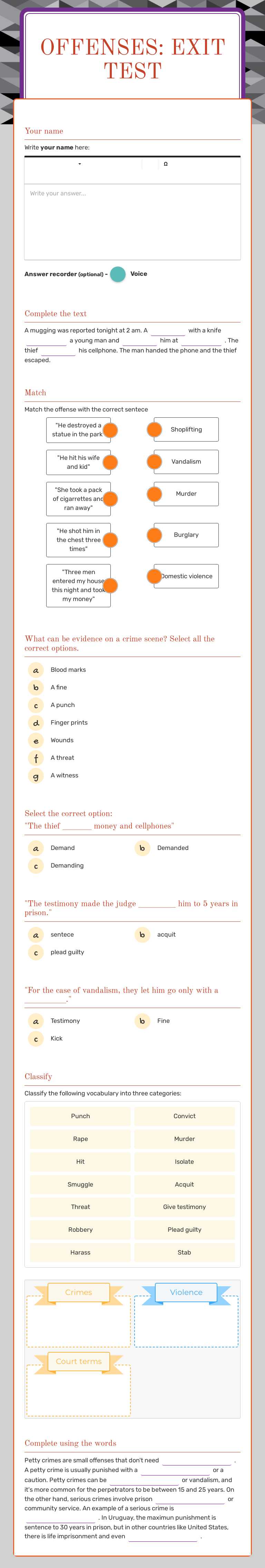 Offenses: 
Exit test worksheet preview image