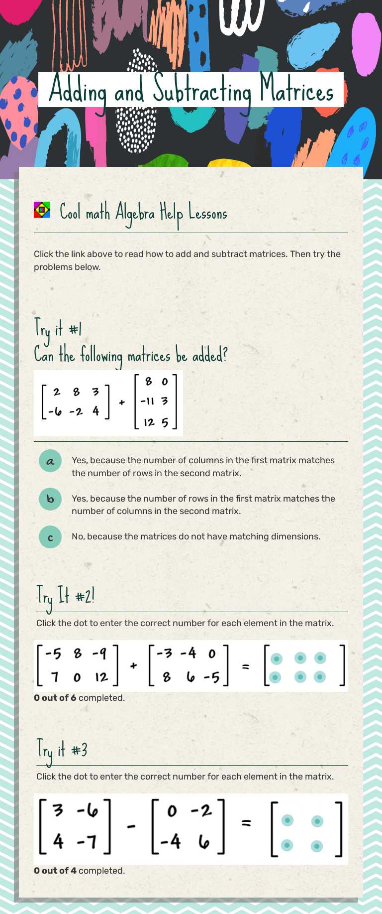 Adding and Subtracting Matrices worksheet preview image