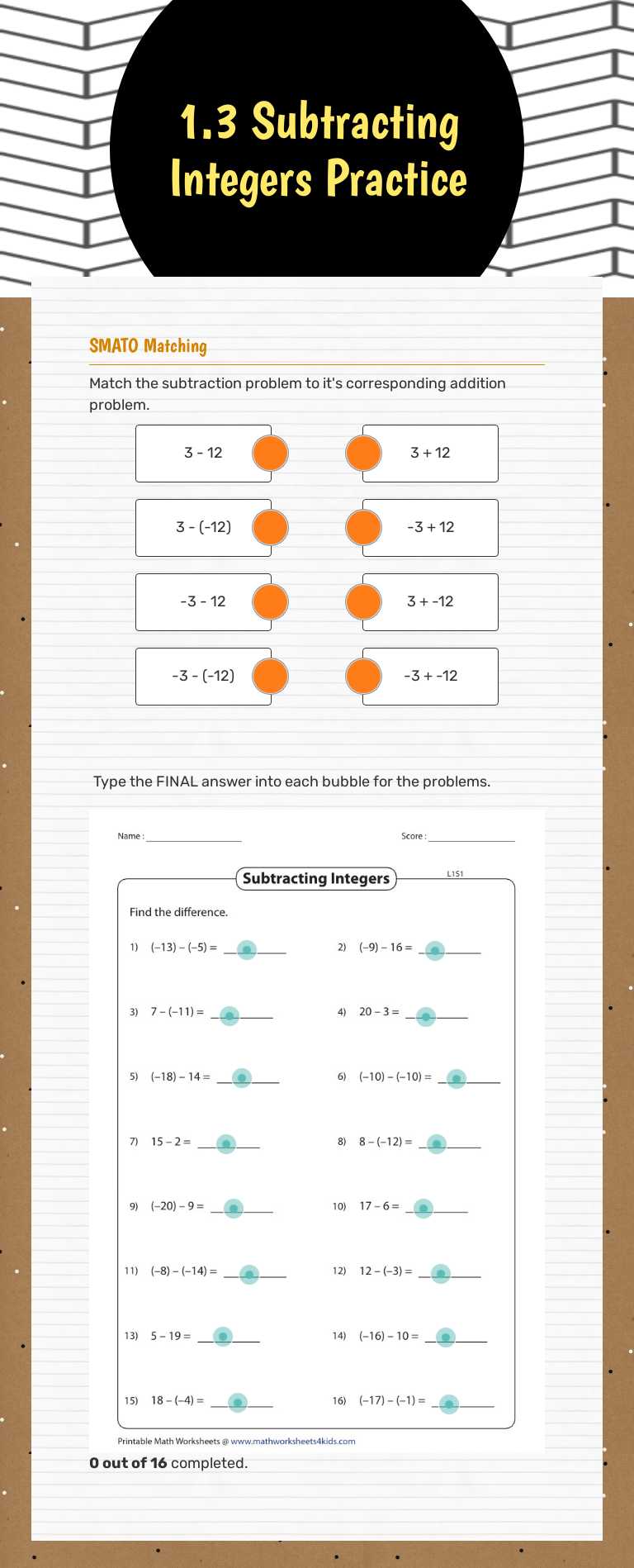 1.3 Subtracting Integers Practice Grade 7 worksheet preview