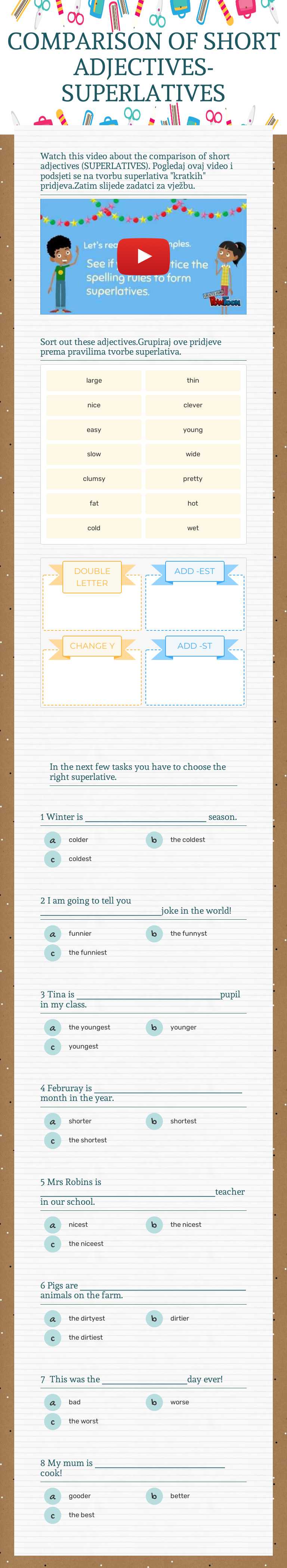 COMPARISON OF SHORT ADJECTIVES-SUPERLATIVES worksheet preview image
