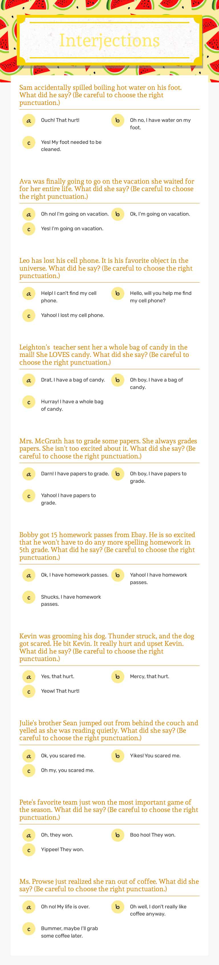 Interjections worksheet preview image