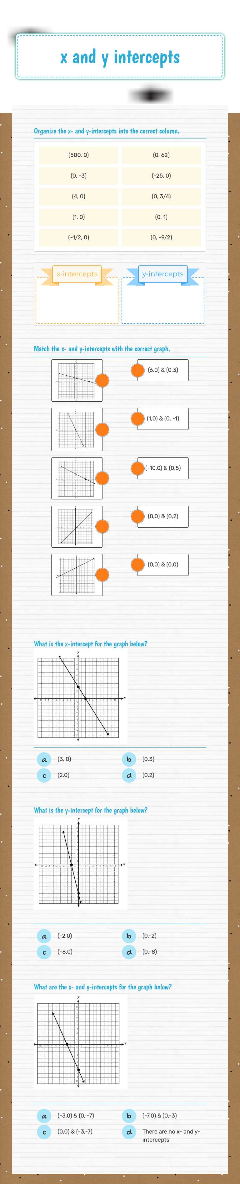 x and y intercepts worksheet preview image
