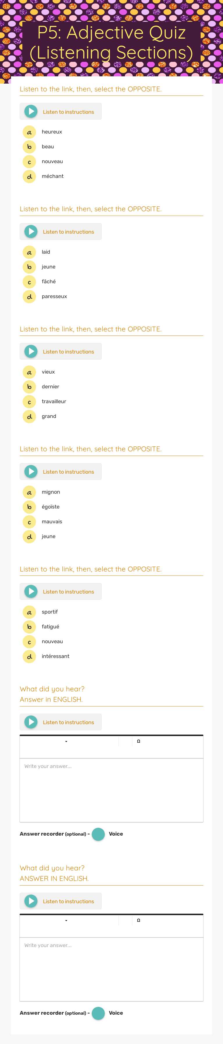 P5: Adjective Quiz (Listening Sections) Grade 10 worksheet preview