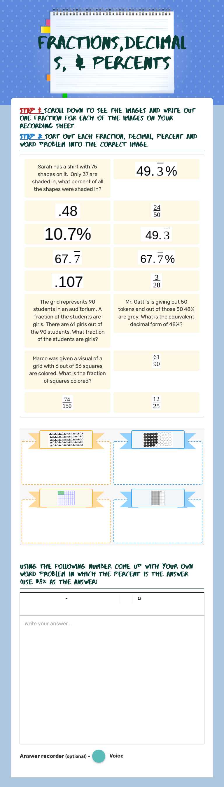 Fractions,decimals, & percents Grade 6 worksheet preview