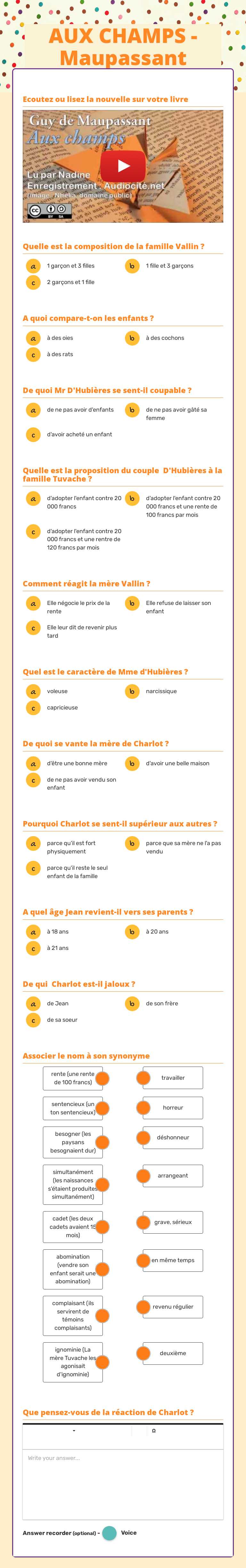 AUX CHAMPS - Maupassant worksheet preview image