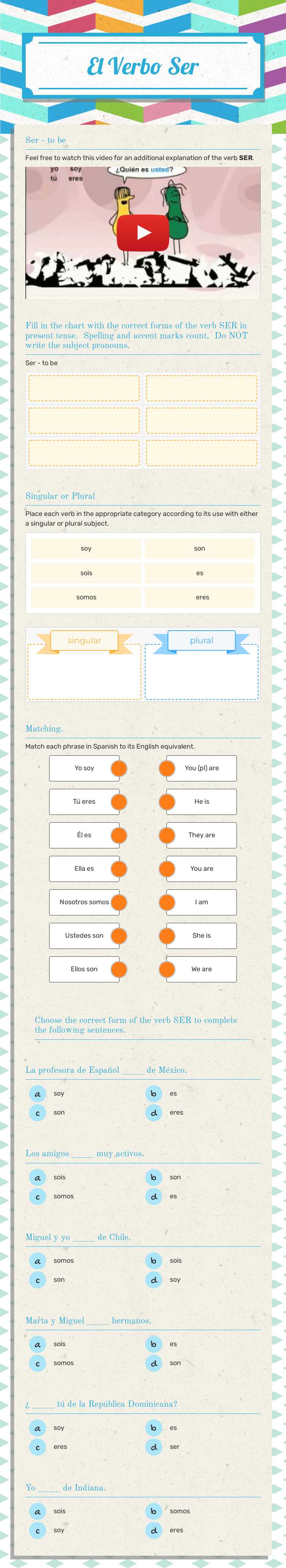 El Verbo Ser Grade 10 worksheet preview