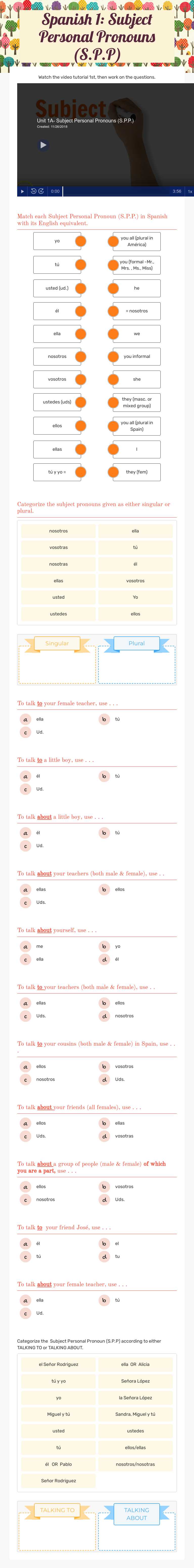 Spanish 1: Subject Personal Pronouns (S.P.P) worksheet preview image