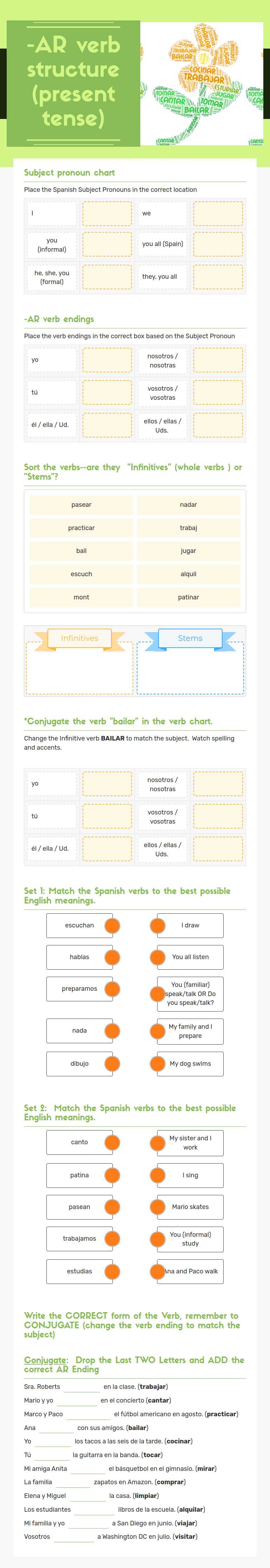 -AR verb structure (present tense) worksheet preview image