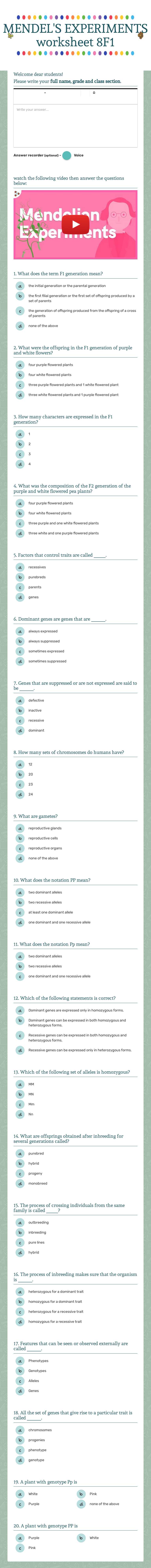 MENDEL'S EXPERIMENTS worksheet 8F worksheet preview image