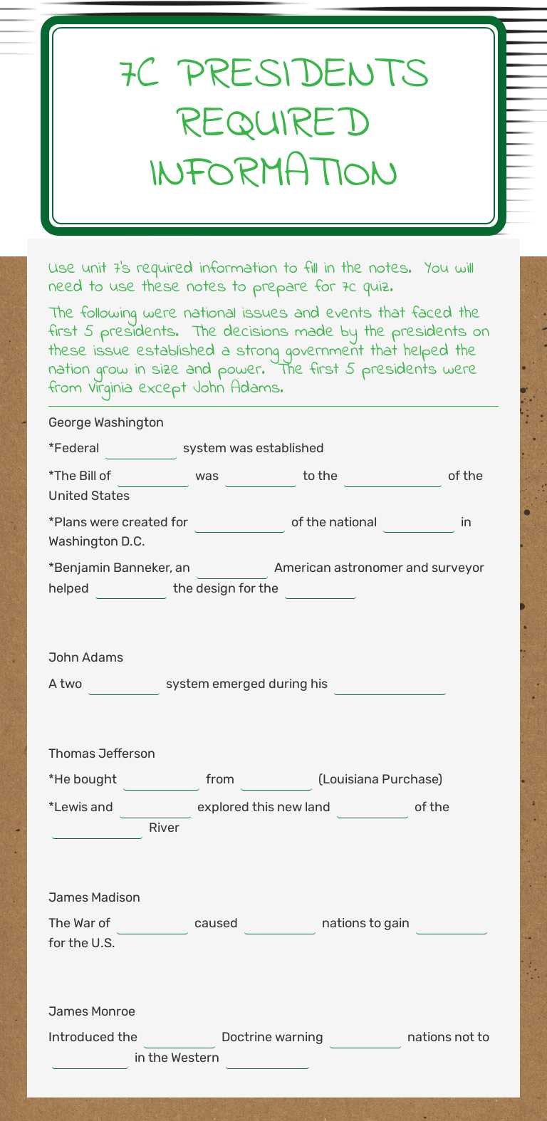 7c Presidents Required Information worksheet preview