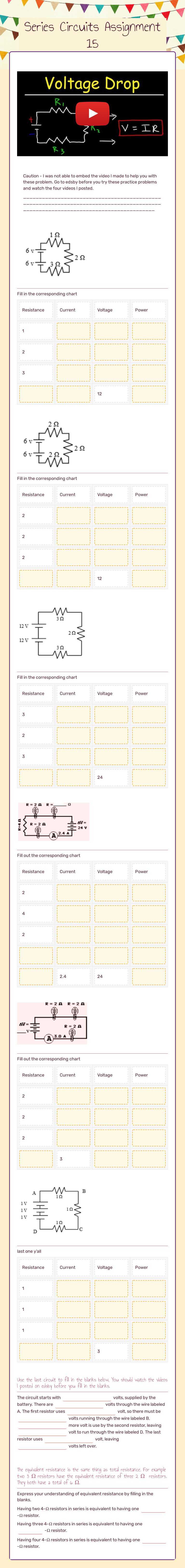 Series Circuits Assignment 15 worksheet preview image