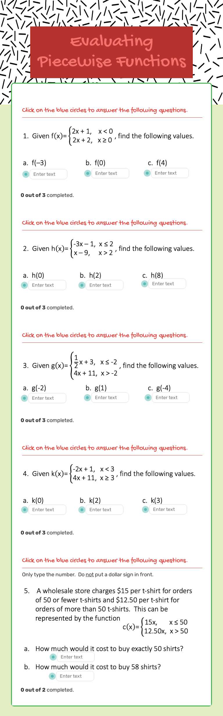 Evaluating Piecewise Functions Grade 10 worksheet preview