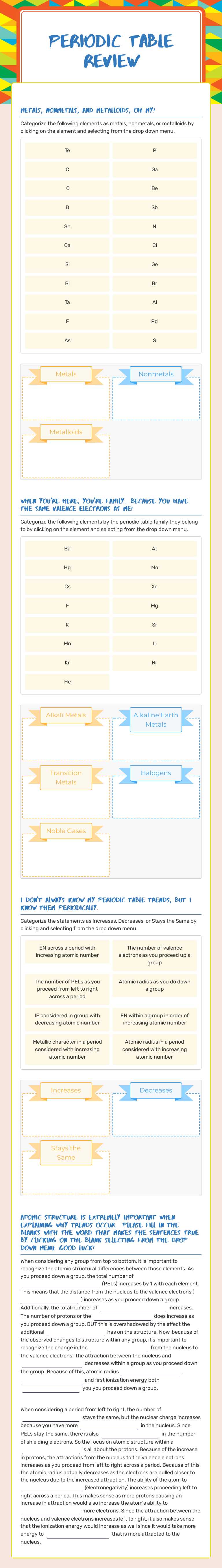 Periodic table Review worksheet preview image
