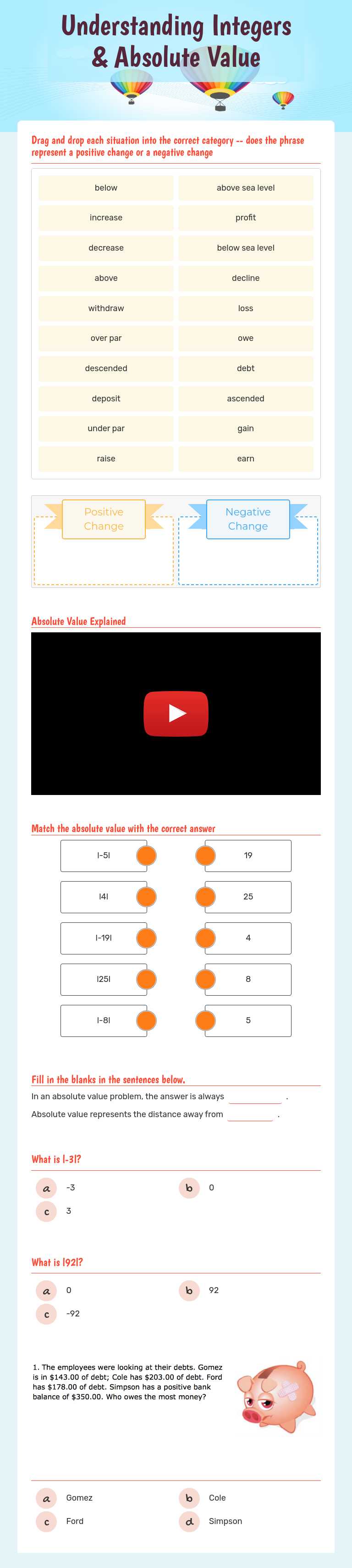 Understanding Integers & Absolute Value worksheet preview image