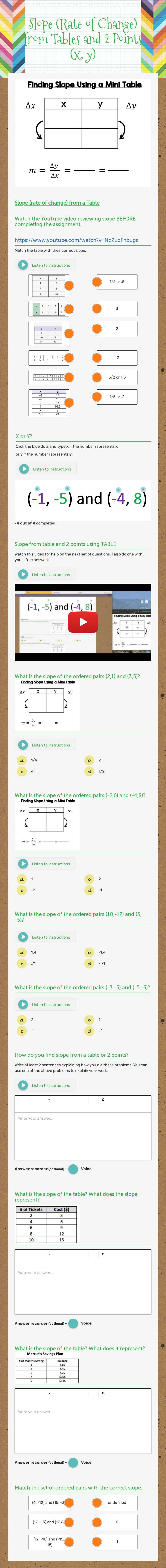 Slope (Rate of Change) from Tables and 2 Points (x, y) worksheet preview image