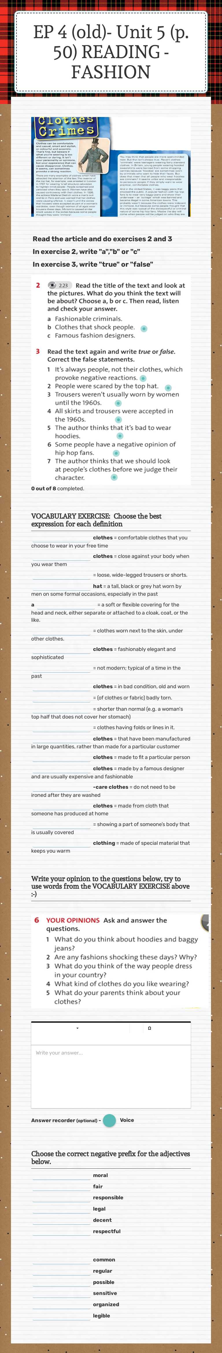 EP 4 (old)- Unit 5 (p. 50) READING - FASHION worksheet preview image