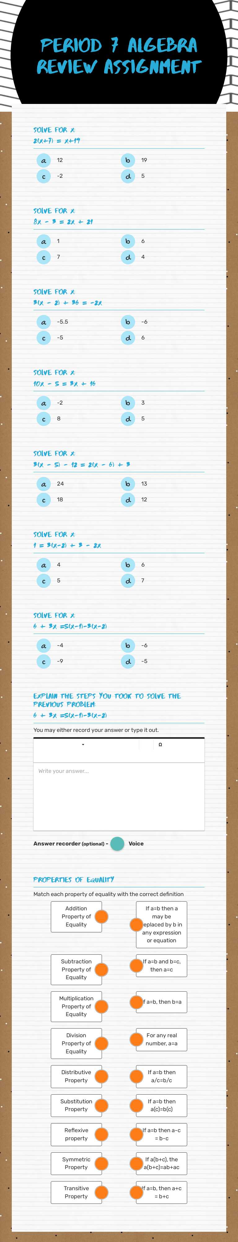 Period 7 
Algebra Review 
Assignment Grade 8 worksheet preview