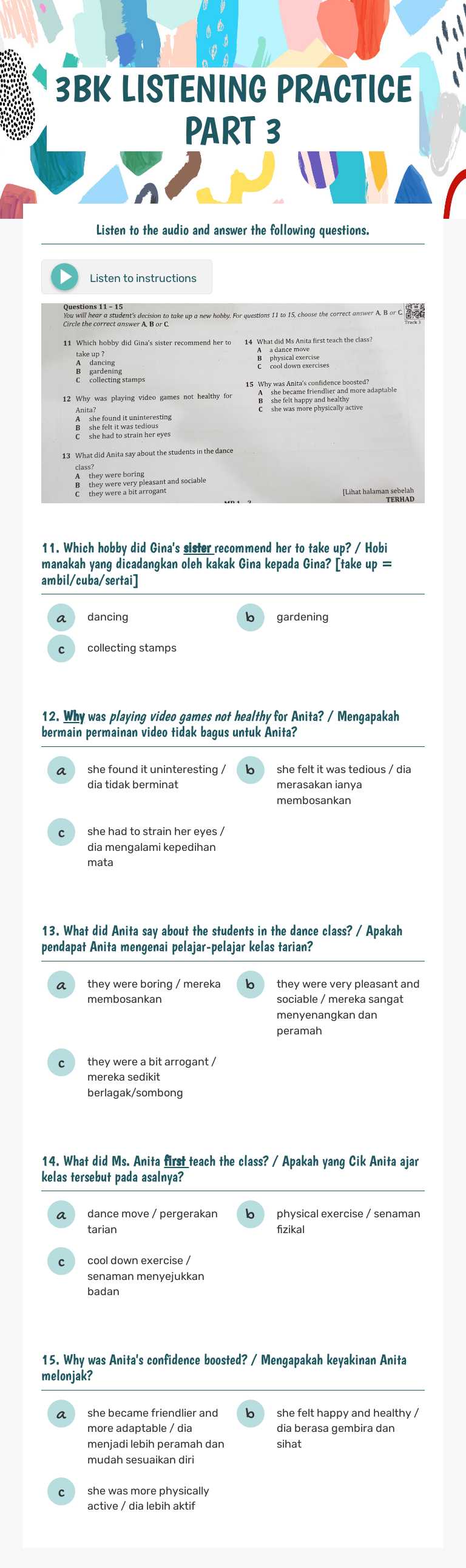 3BK LISTENING PRACTICE PART 3 worksheet preview image