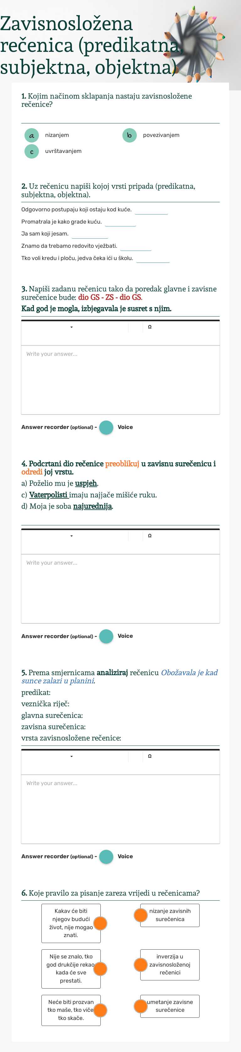 Zavisnosložena rečenica (predikatna, subjektna, objektna) Grade 7 worksheet preview