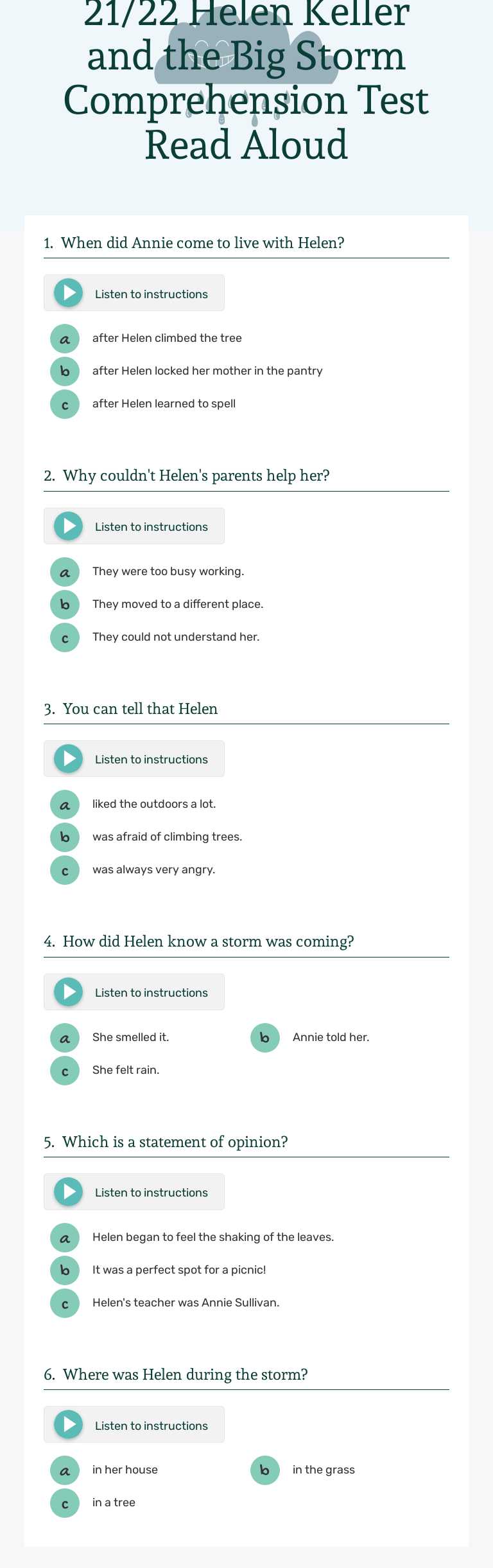 21/22 Helen Keller and the Big Storm Comprehension Test Read Aloud worksheet preview image