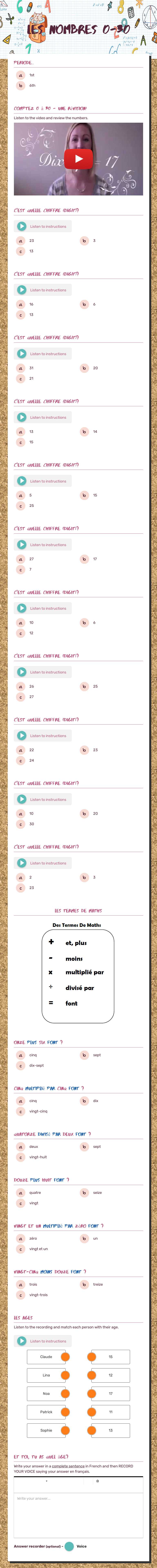 Les Nombres 
0-30 Grade 6 worksheet preview