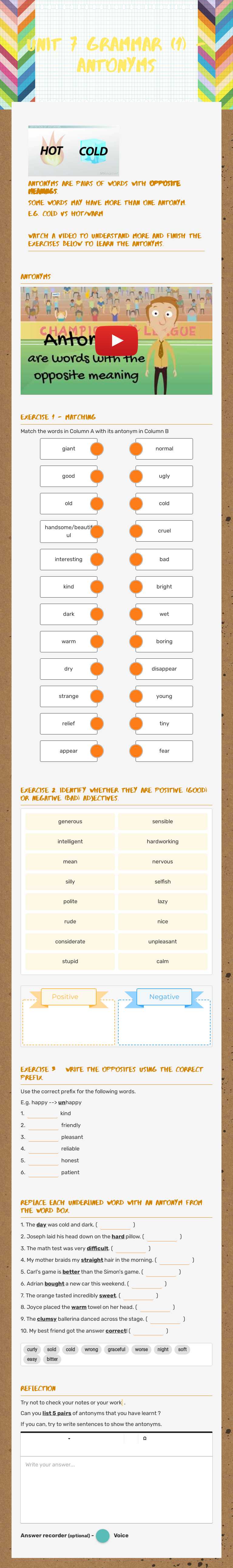 Unit 7 Grammar (1) - Antonyms worksheet preview image