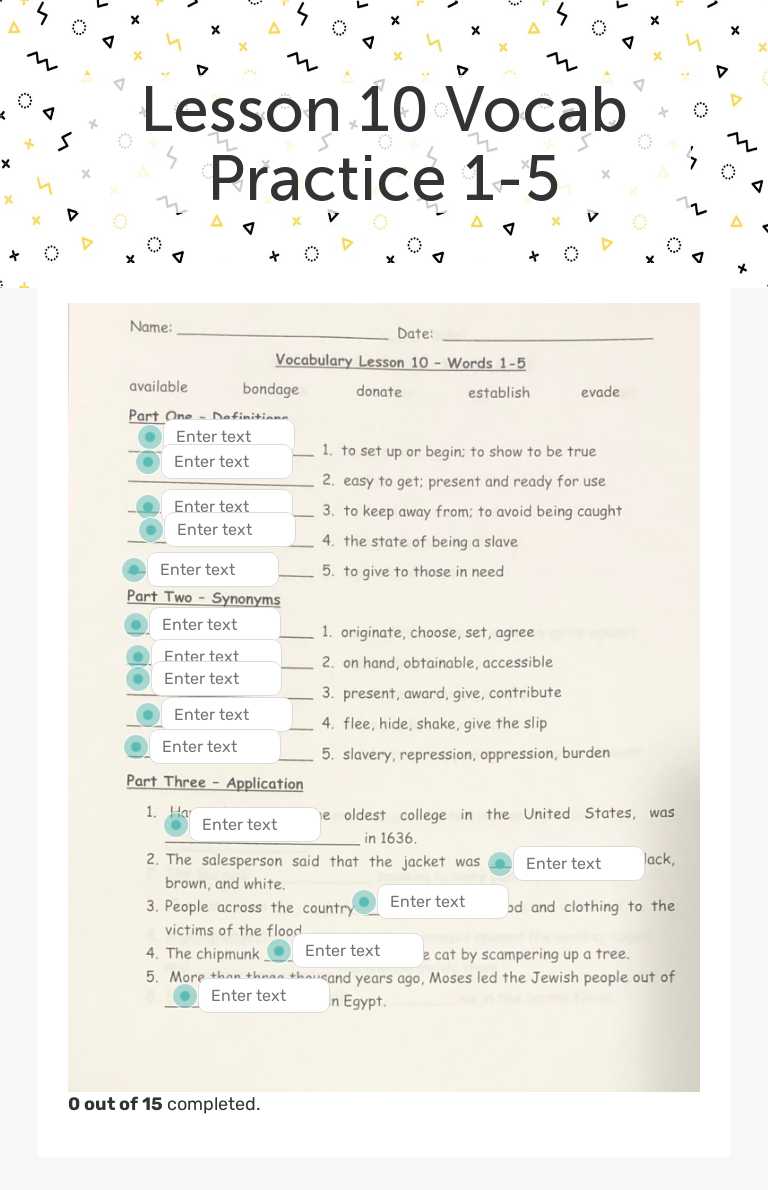 Lesson 10 Vocab Practice 1-5 worksheet preview image