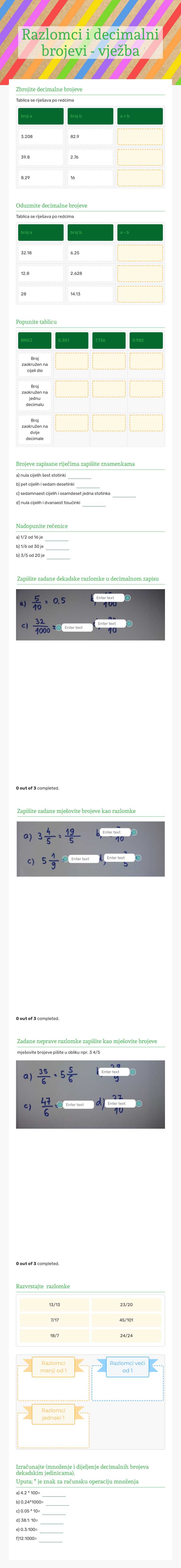 Razlomci i decimalni brojevi - vježba worksheet preview image