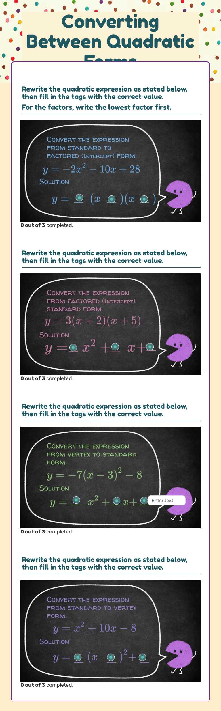 Converting Between Quadratic Forms worksheet preview image