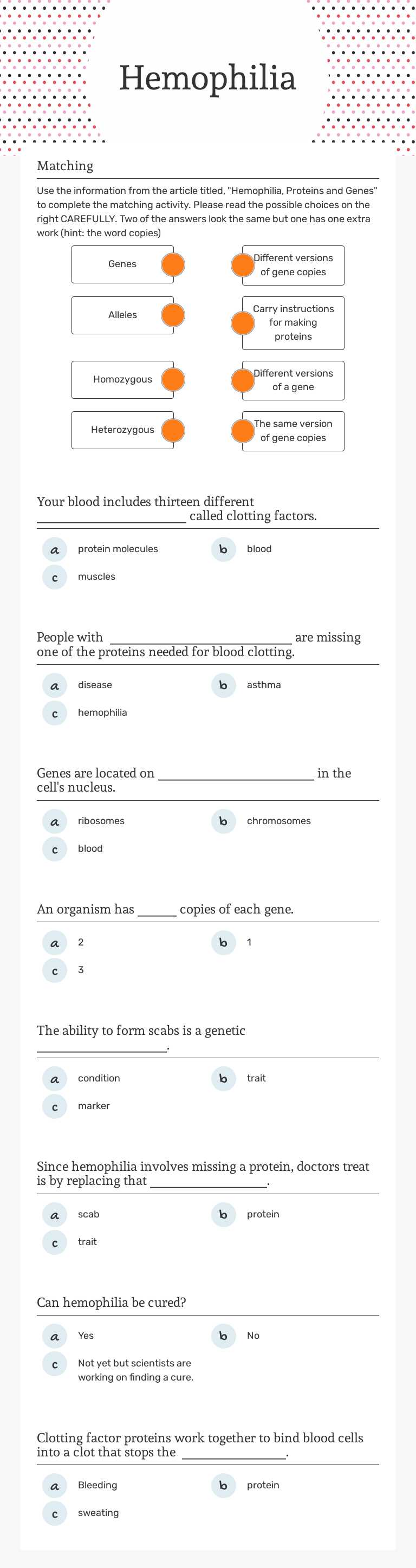 Hemophilia Grade 6 worksheet preview