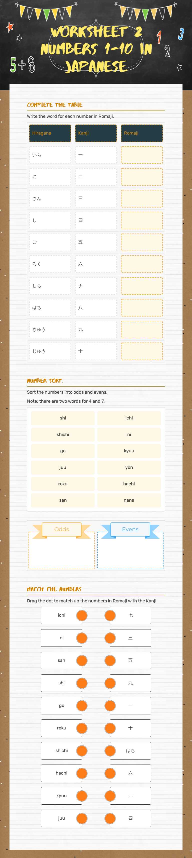 Worksheet 2 Numbers 1-10 in japanese worksheet preview image