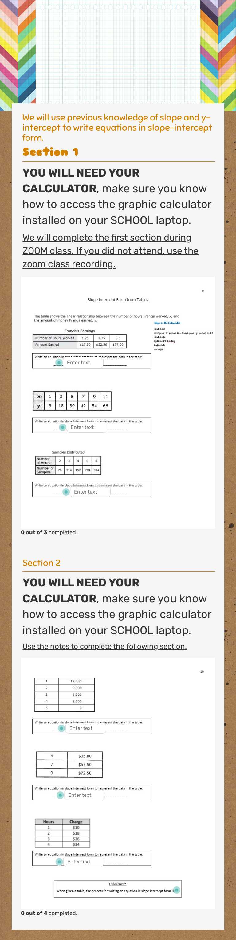 Writing equations in slope-intercept form with tables worksheet preview image