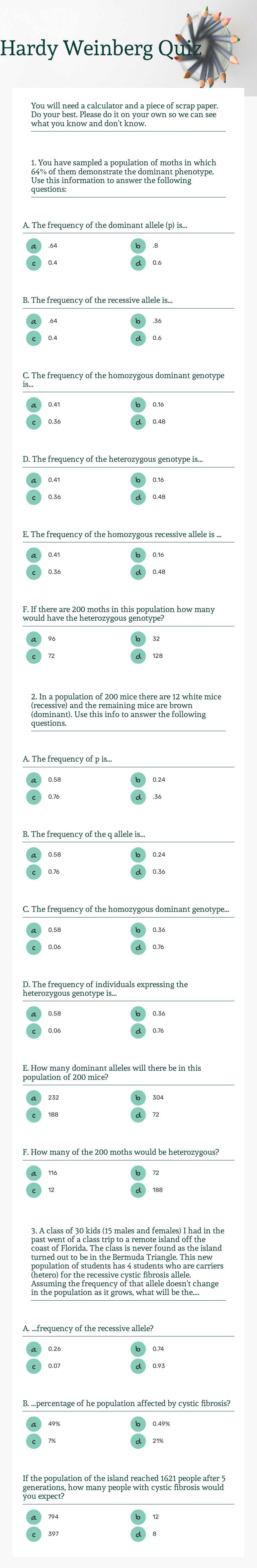 Hardy Weinberg Quiz Grade 11 worksheet preview