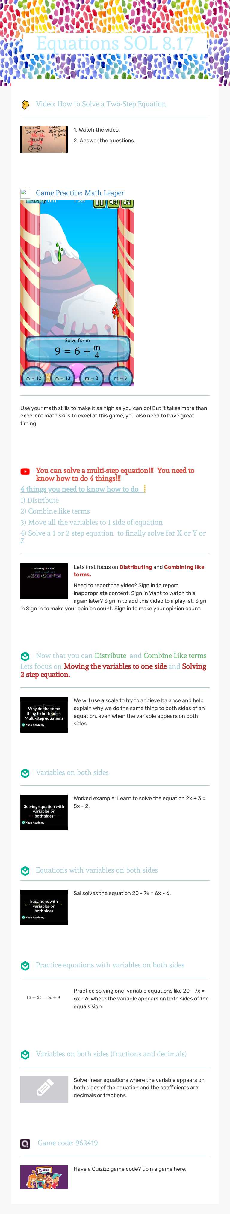 Equations SOL 8.17 Grade 8 worksheet preview