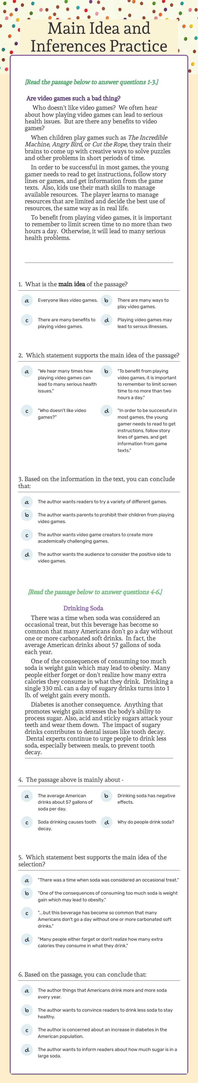 Main Idea and Inferences Practice Grade 7 worksheet preview