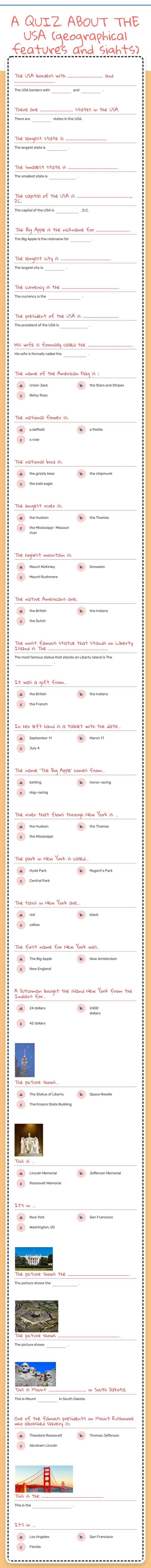 A QUIZ ABOUT THE USA
(geographical features and sights) worksheet preview image