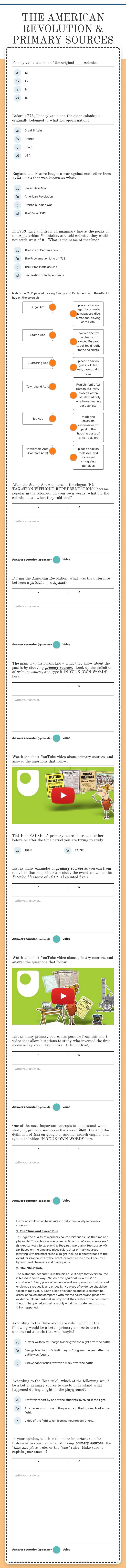 THE AMERICAN REVOLUTION & PRIMARY SOURCES Grade 8 worksheet preview