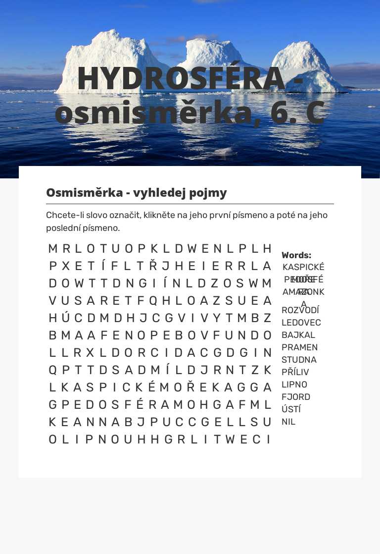 HYDROSFÉRA - osmisměrka, 6. C worksheet preview image