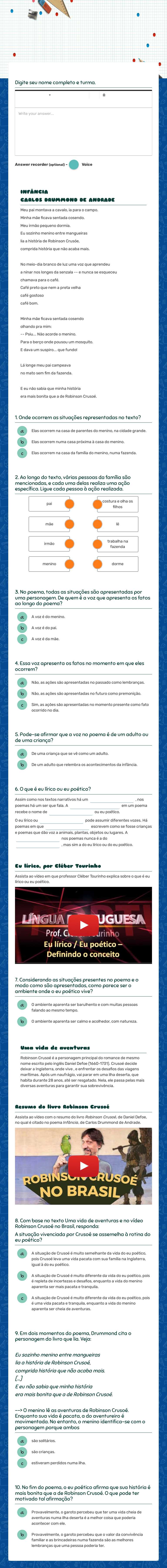 Infância,
Carlos Drummond de Andrade worksheet preview image